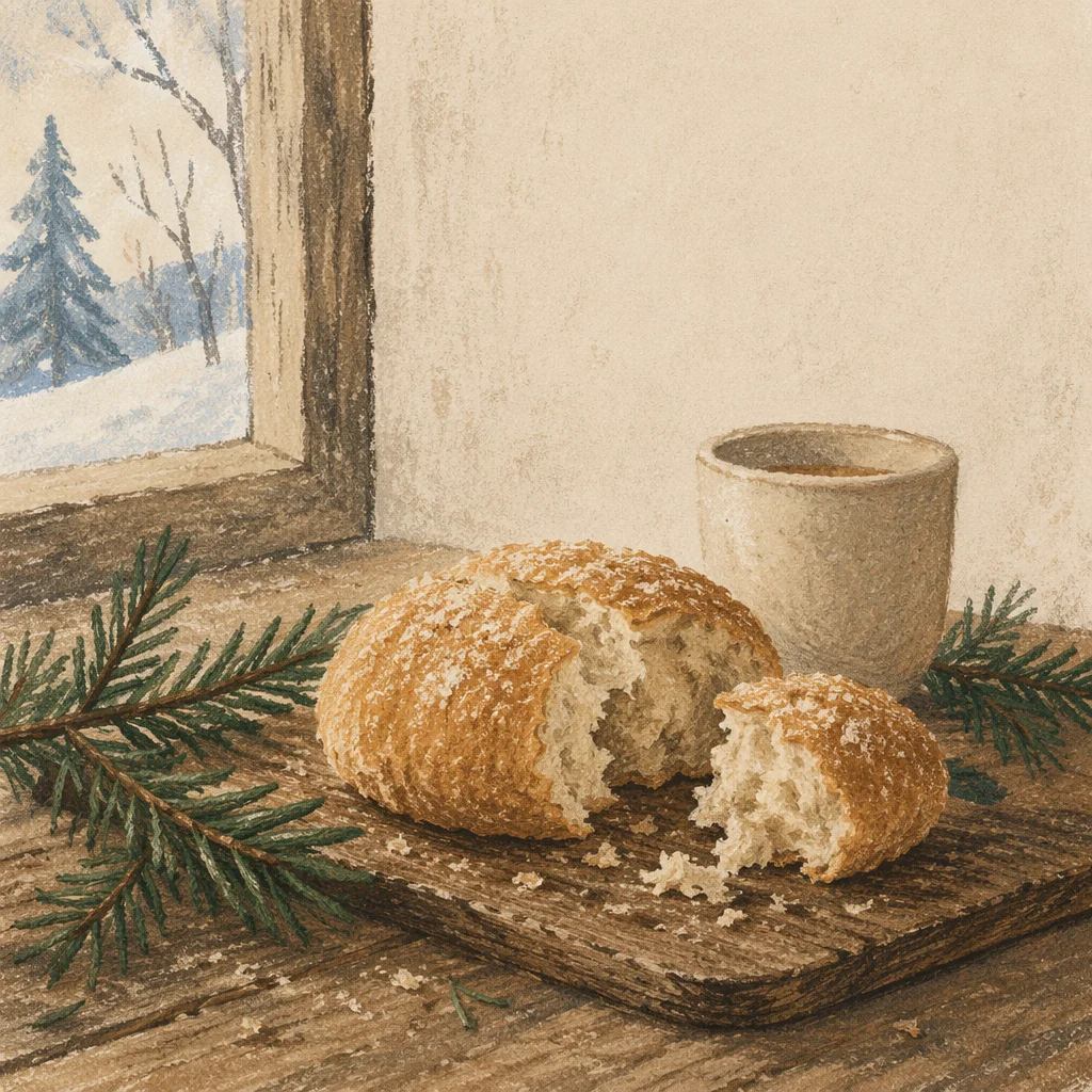 Broken Communion Bread with Evergreen Sprigs