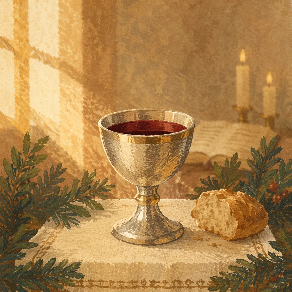 Golden Communion Chalice on Evergreen Altar