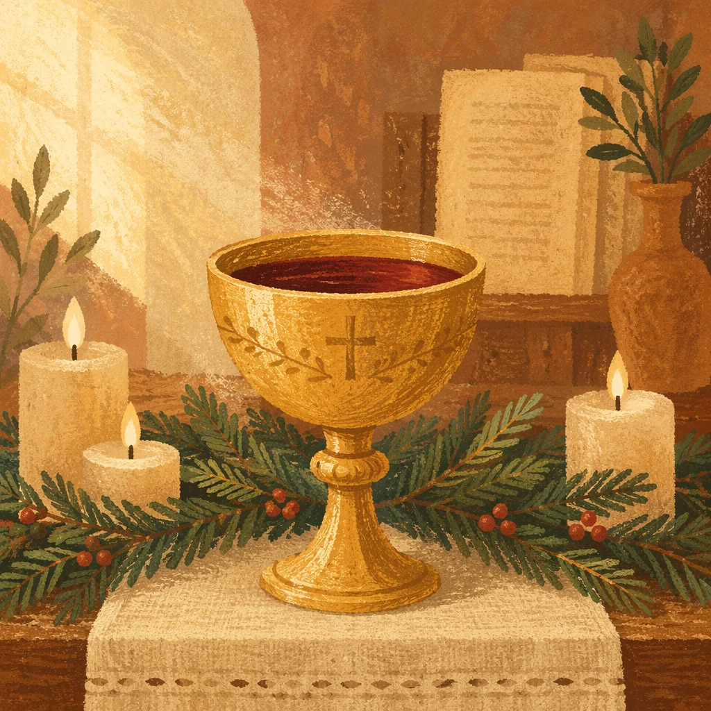 Golden Communion Chalice on Evergreen Altar