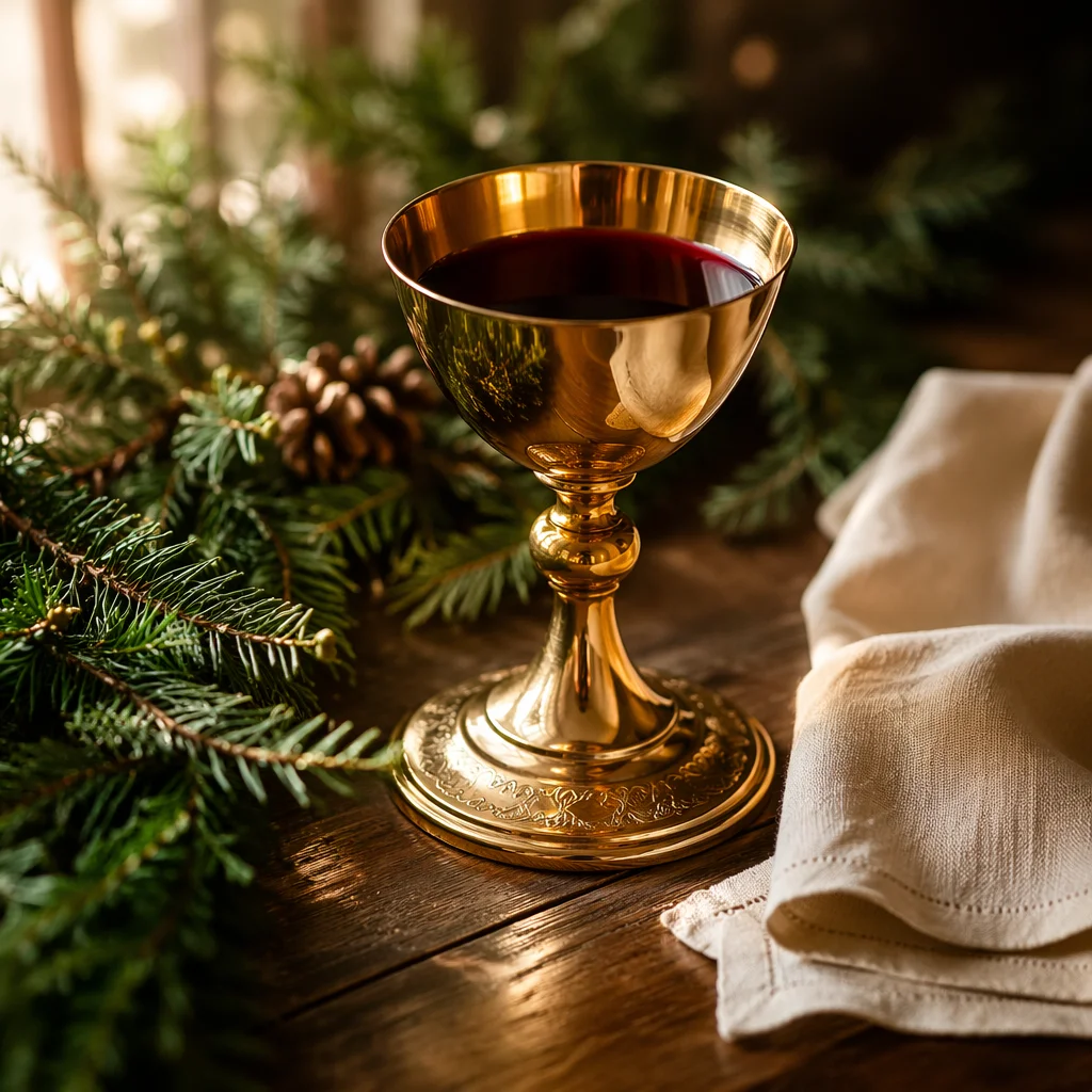 Golden Communion Chalice on Evergreen Altar