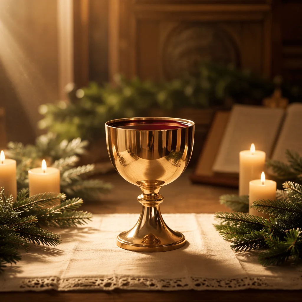 Golden Communion Chalice on Evergreen Altar