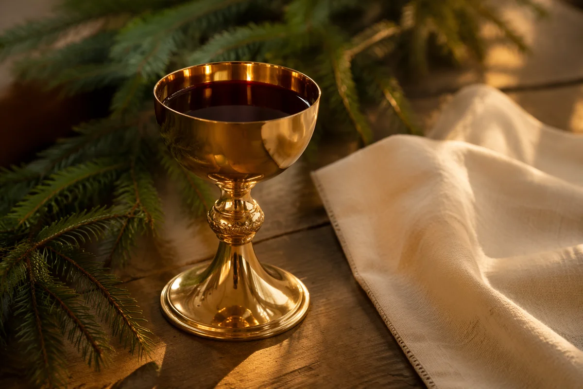 Golden Communion Chalice on Evergreen Altar