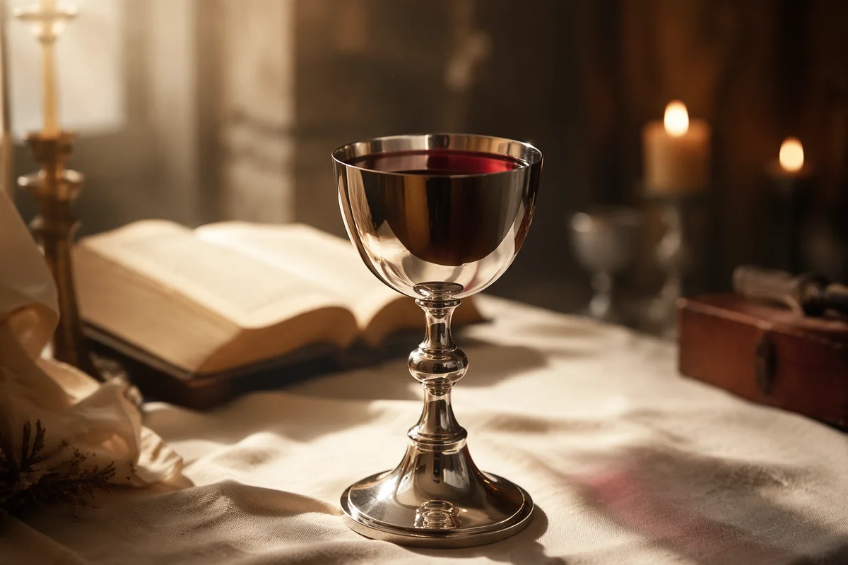 Silver Chalice with Red Wine on Altar