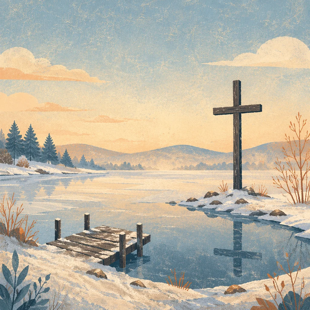 Wooden Cross Reflected on Frozen Lake