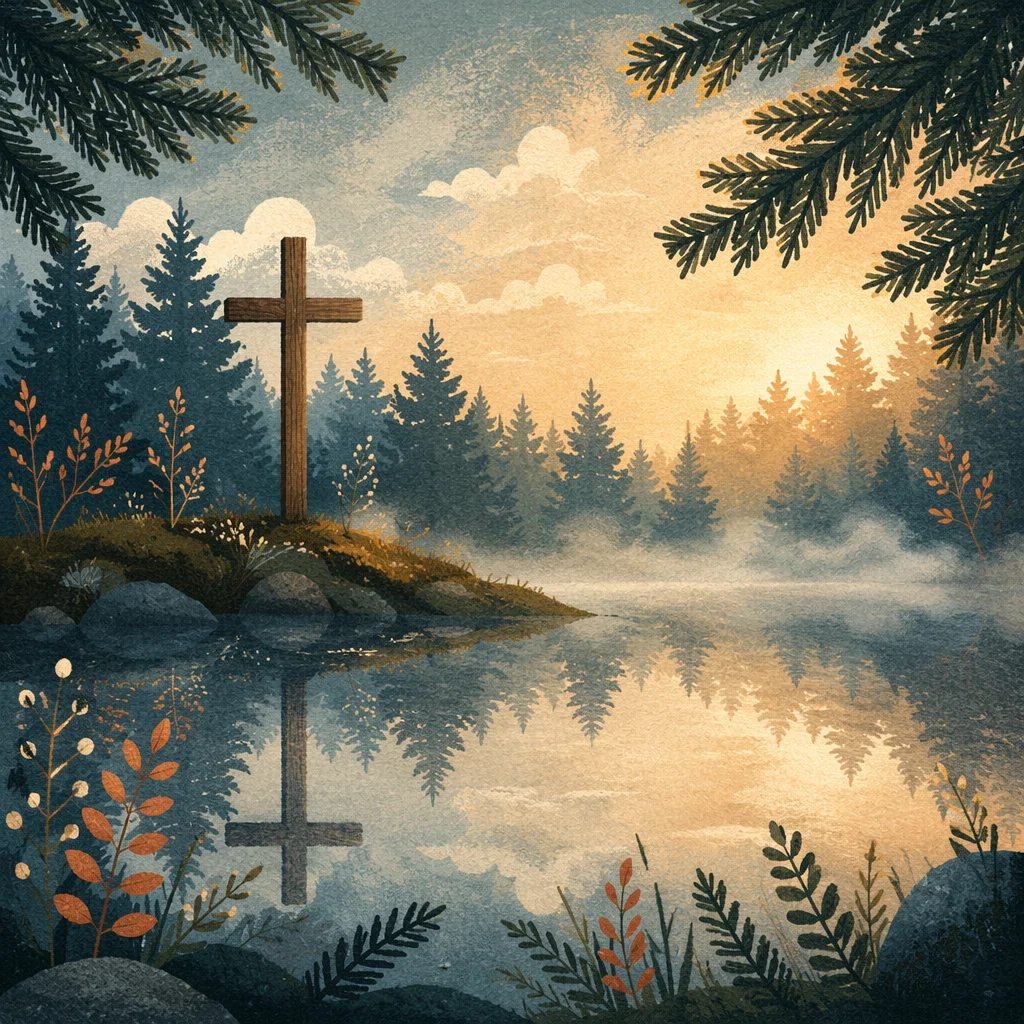 Wooden Cross Reflected in Evergreen Pond