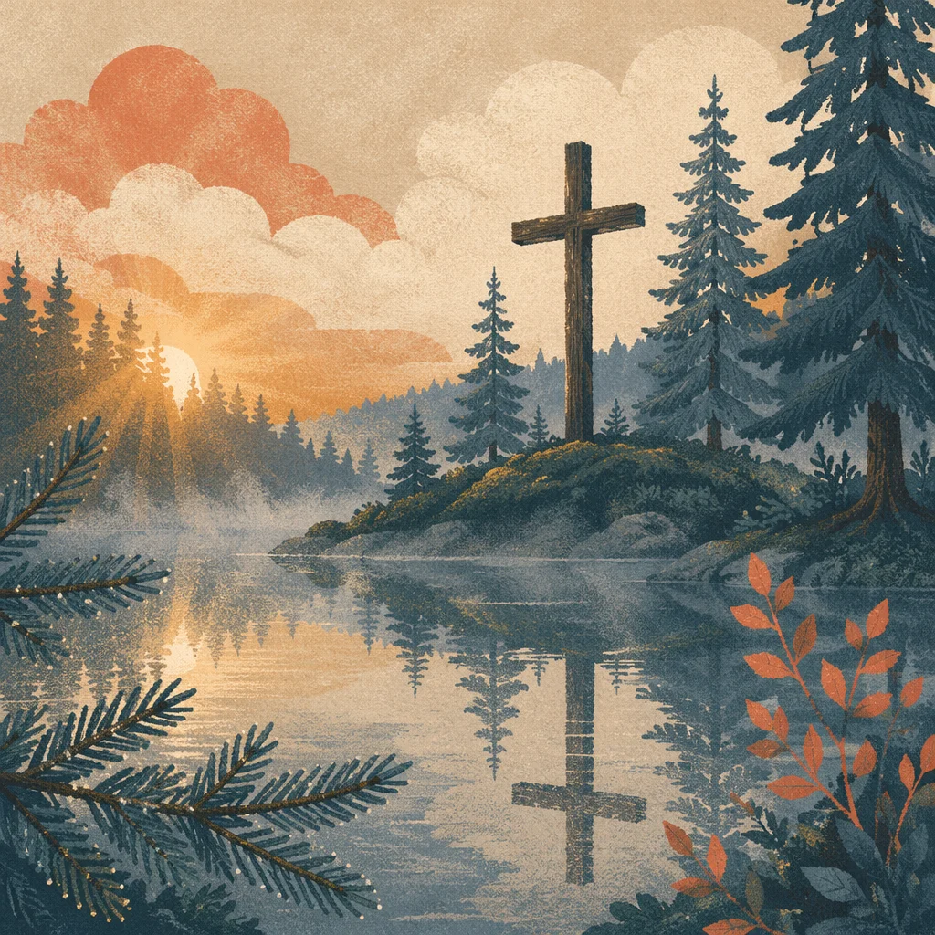 Wooden Cross Reflected in Evergreen Pond