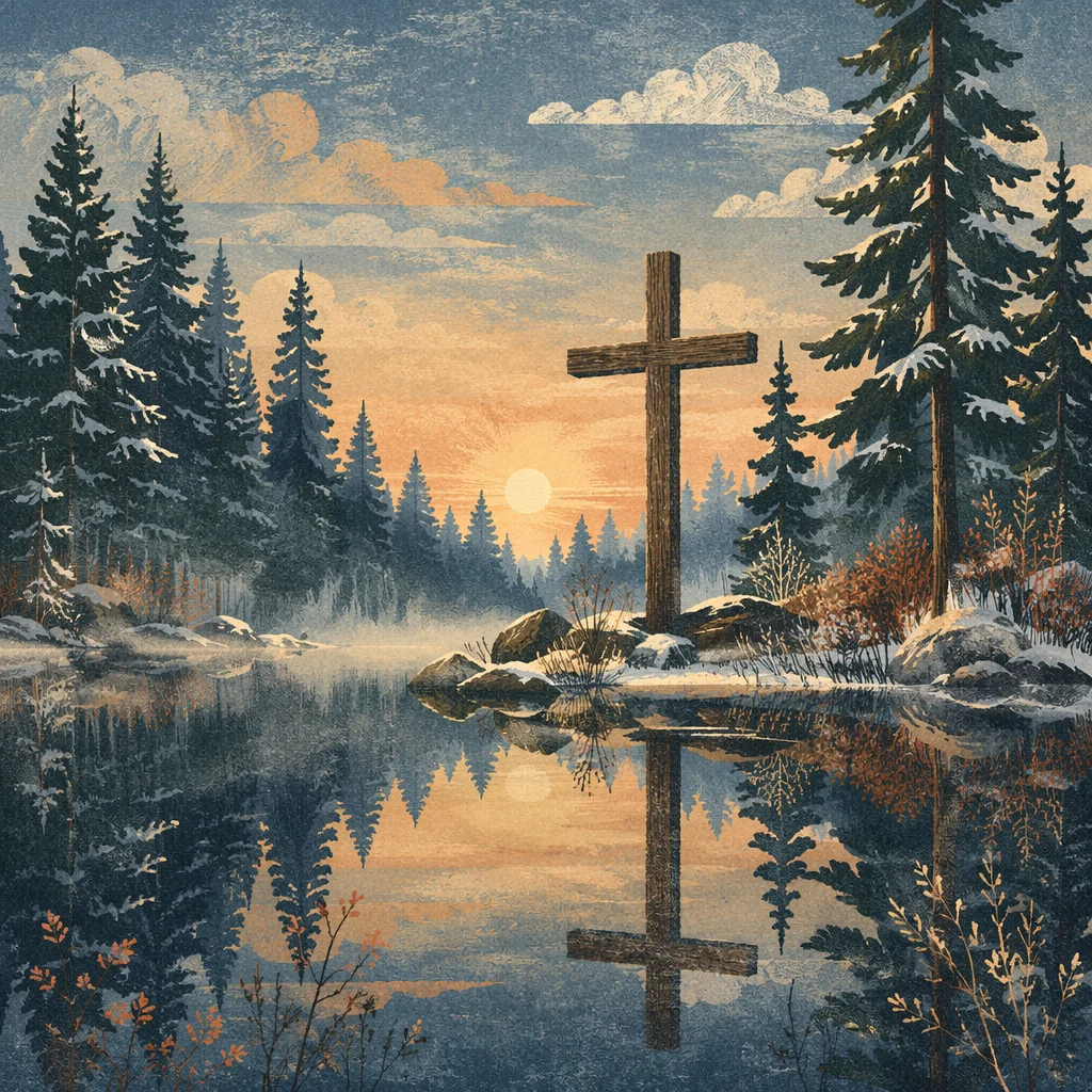 Winter Cross Reflected in Evergreen Pond