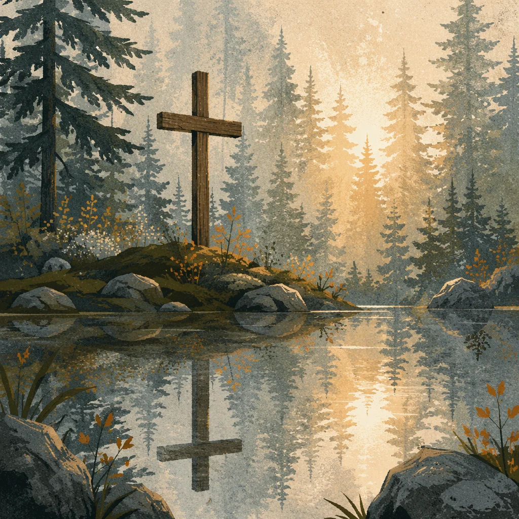 Wooden Cross Reflected in Evergreen Pond