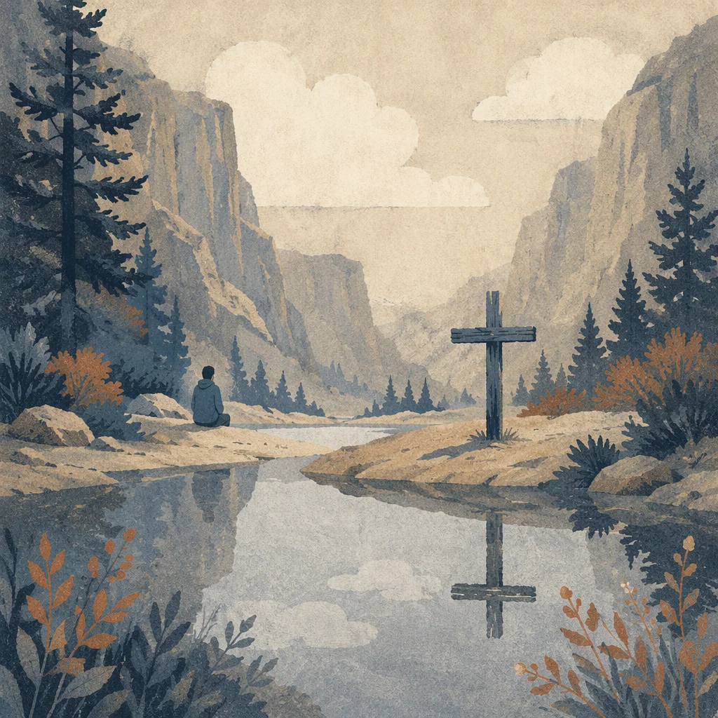 Wooden Cross Reflected in Canyon River