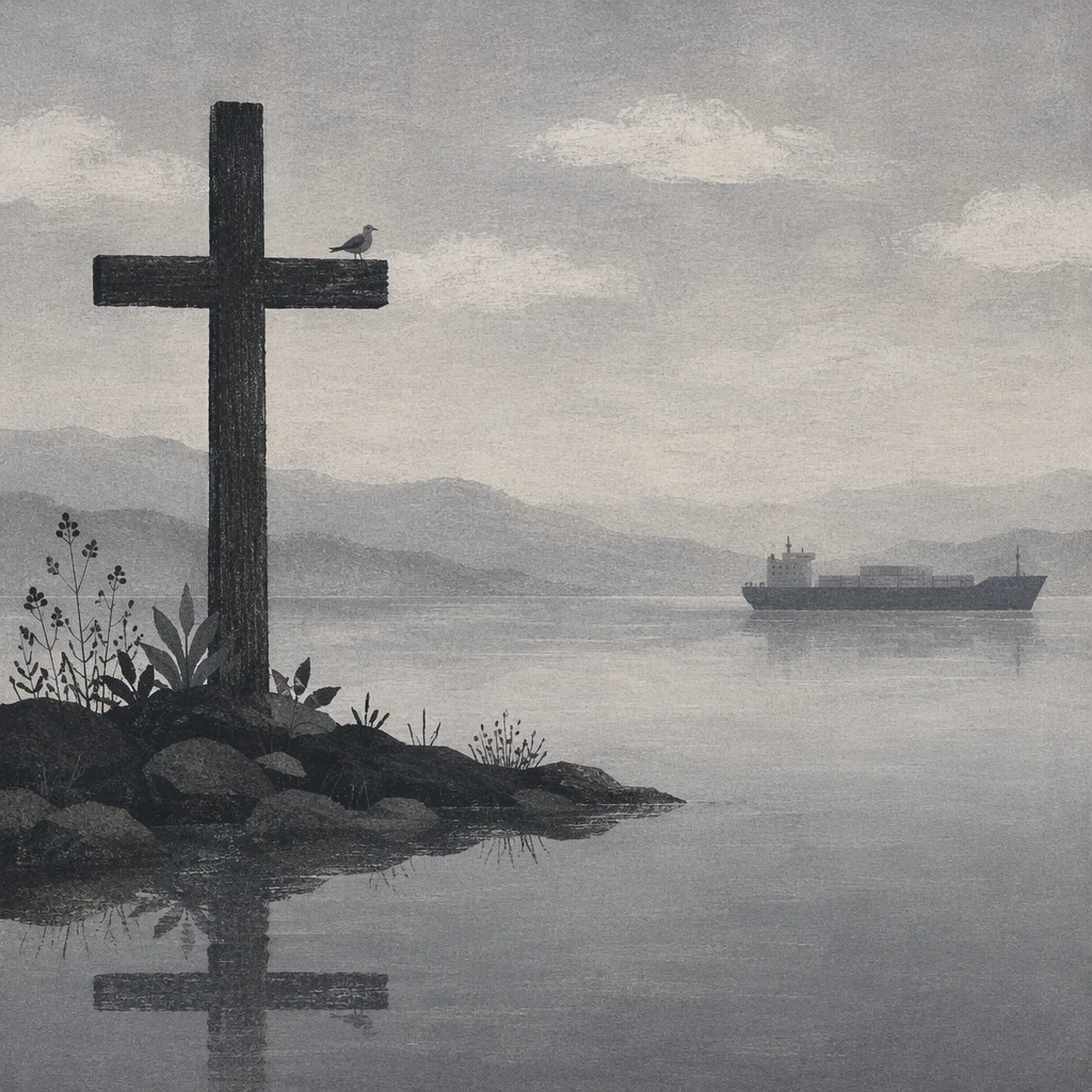 Weathered Cross Reflected on Still Coastal Water