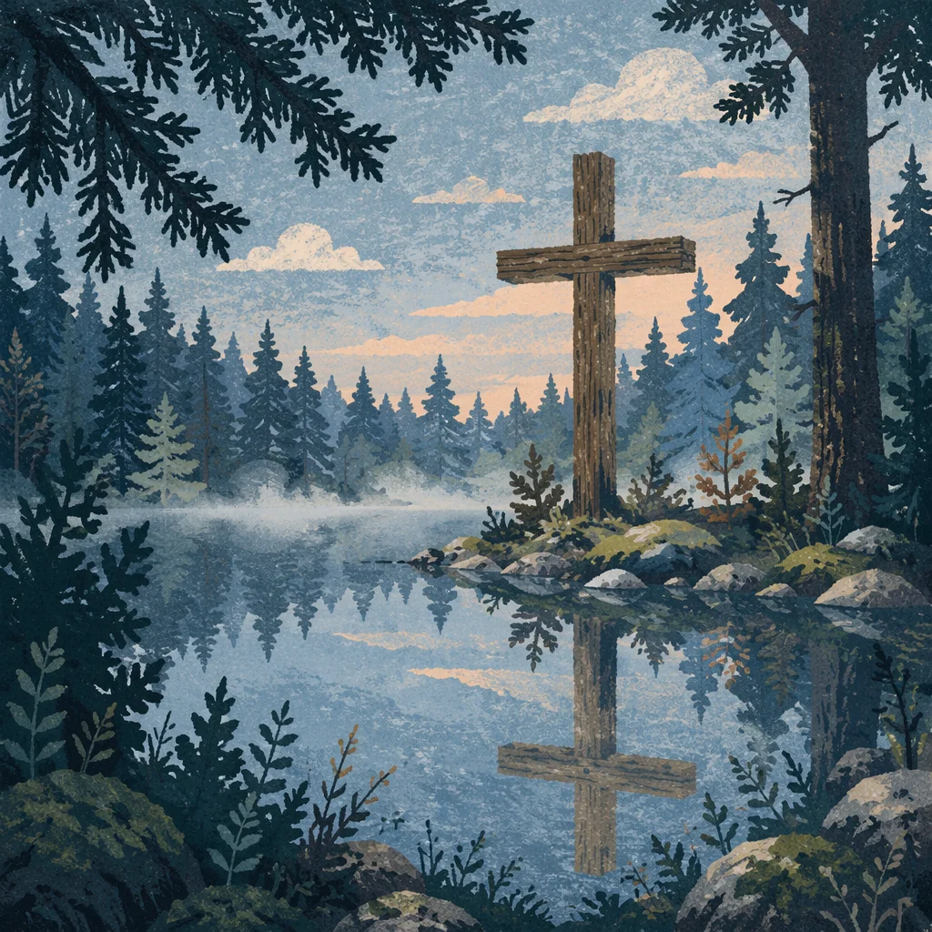 Weathered Cross Reflected in Evergreen Pond