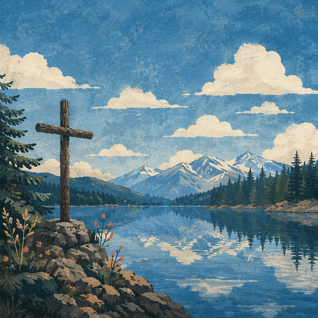 Wooden Cross Reflected by Evergreen Lake