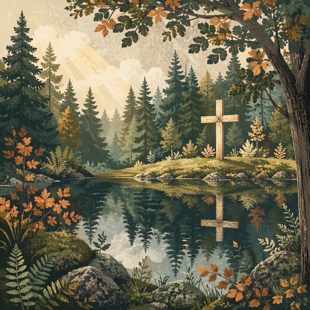 Wooden Cross Reflected in Evergreen Pond
