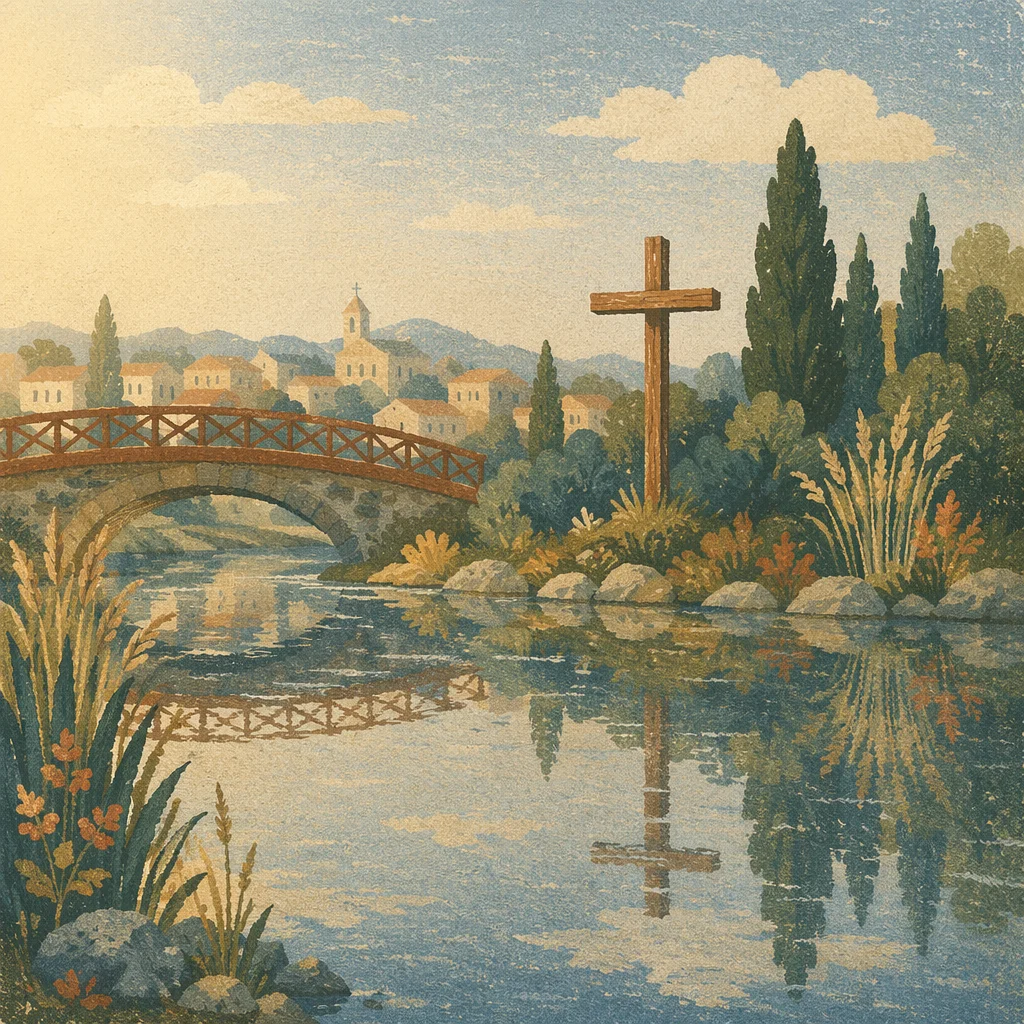 Wooden Cross Reflected in Still Riverside