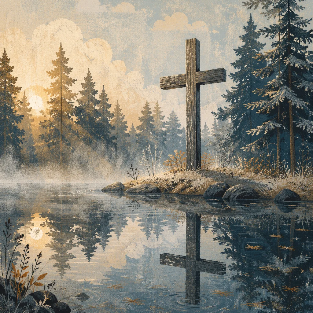 Weathered Cross Reflected in Evergreen Winter Pond