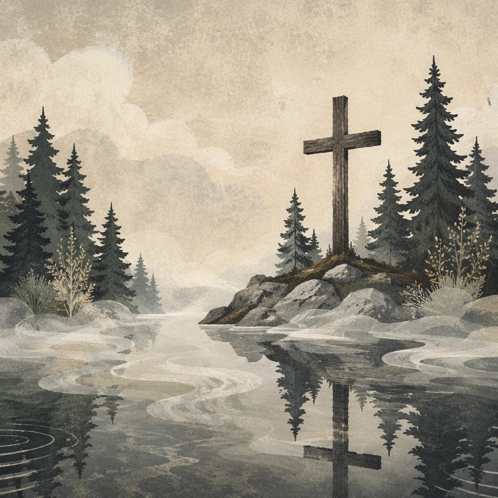 Evergreen Lakeside Cross Reflected at Dawn