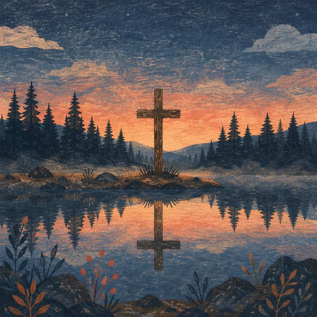 Wooden Cross Reflected on Quiet Evergreen Lake