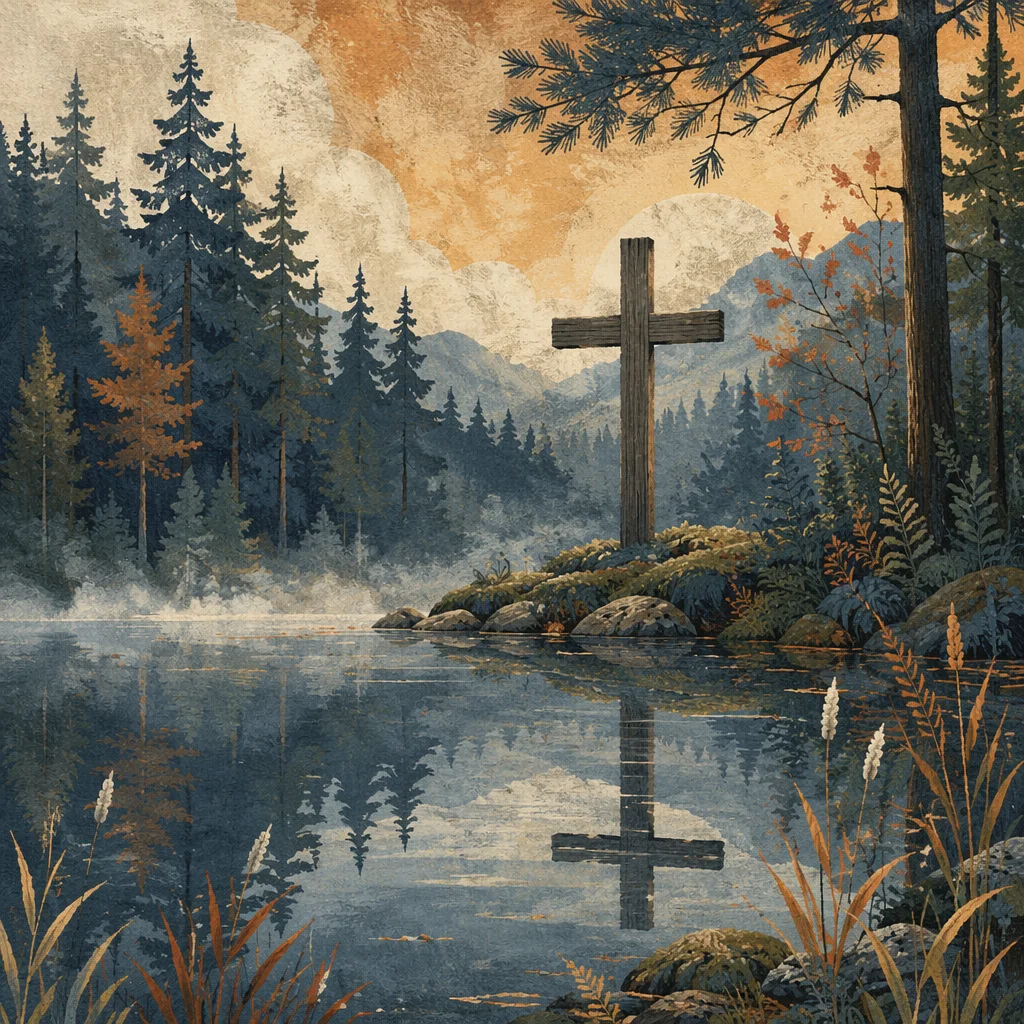 Wooden Cross Reflected in Alpine Pond