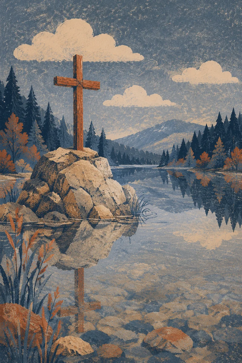 Weathered Cross Reflected in Mountain Lake