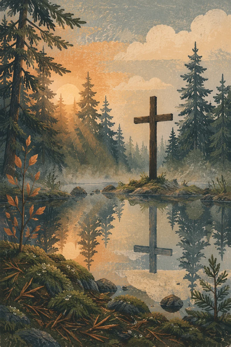 Wooden Cross Reflected in Evergreen Pond