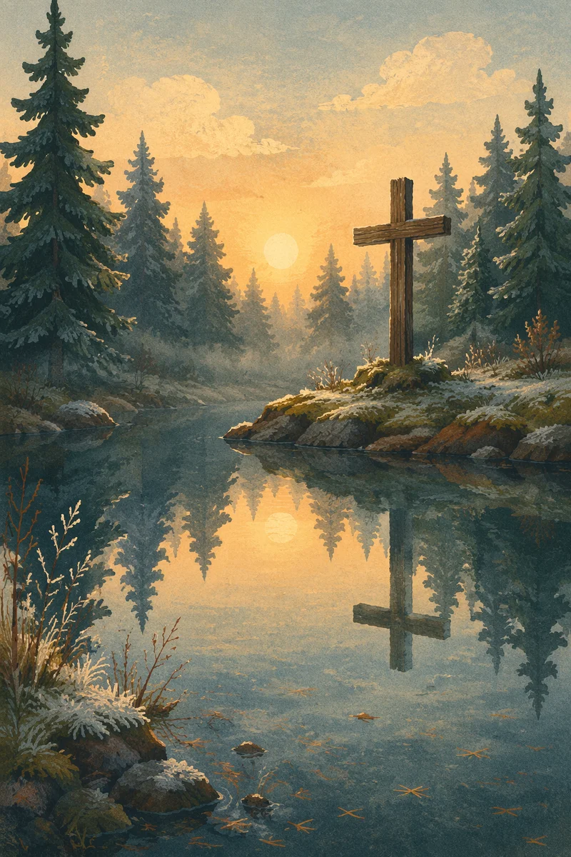 Weathered Cross Reflected in Evergreen Pond