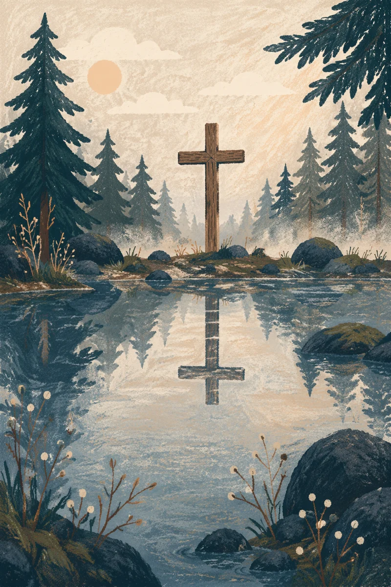 Wooden Cross Reflected in Evergreen Pond