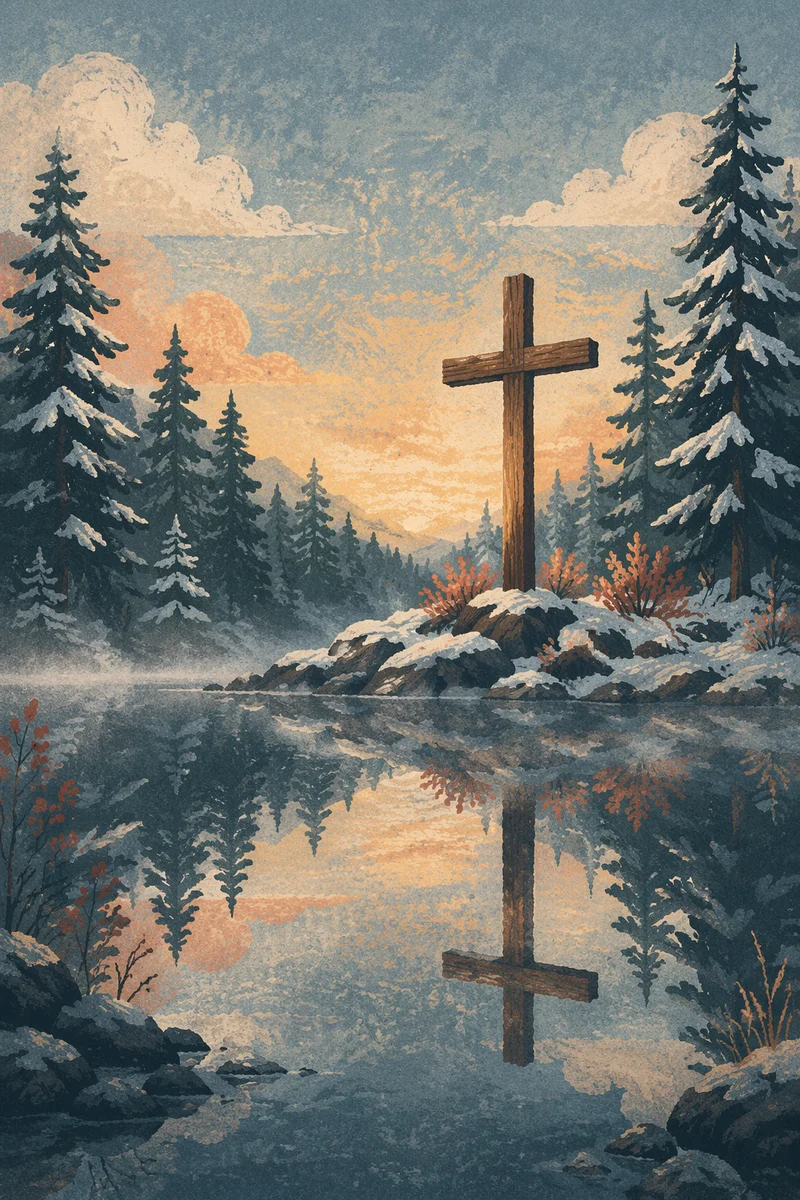 Wooden Cross Reflected in Winter Forest Pond