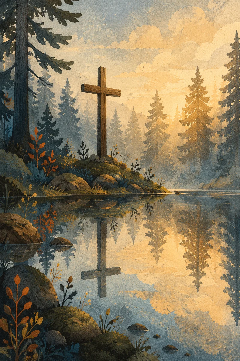 Wooden Cross Reflected in Evergreen Pond