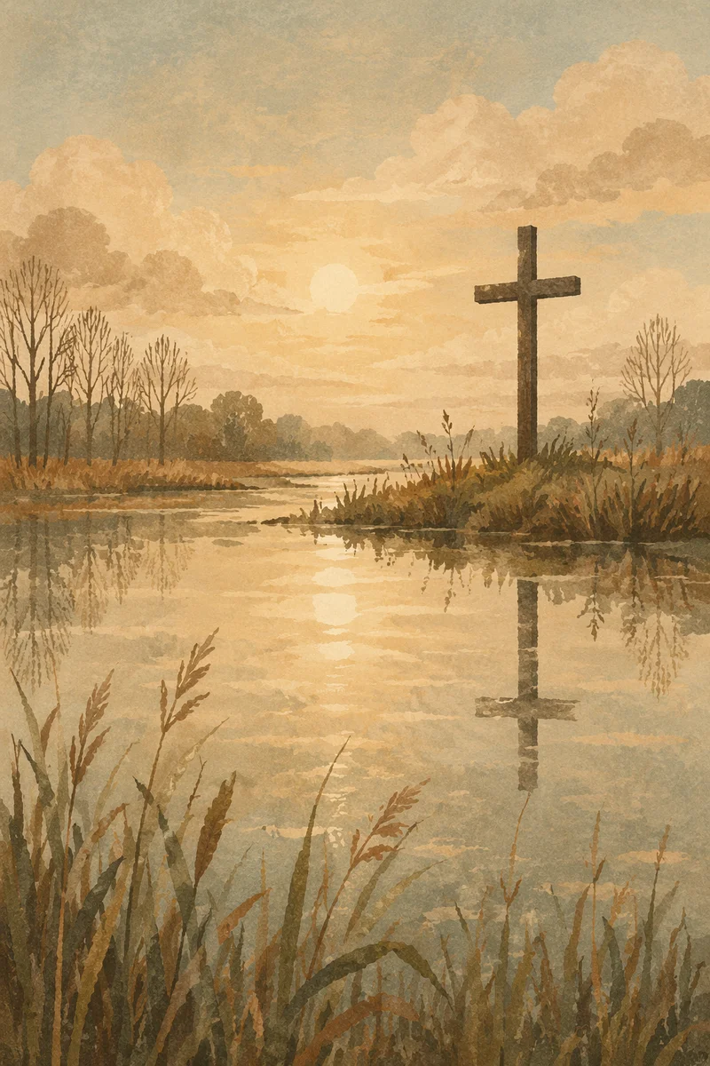 Wooden Cross Reflected in Dawn Wetland