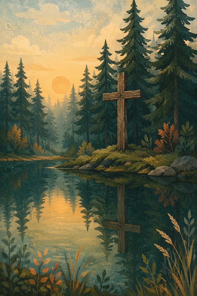 Wooden Cross Reflected in Evergreen Pond