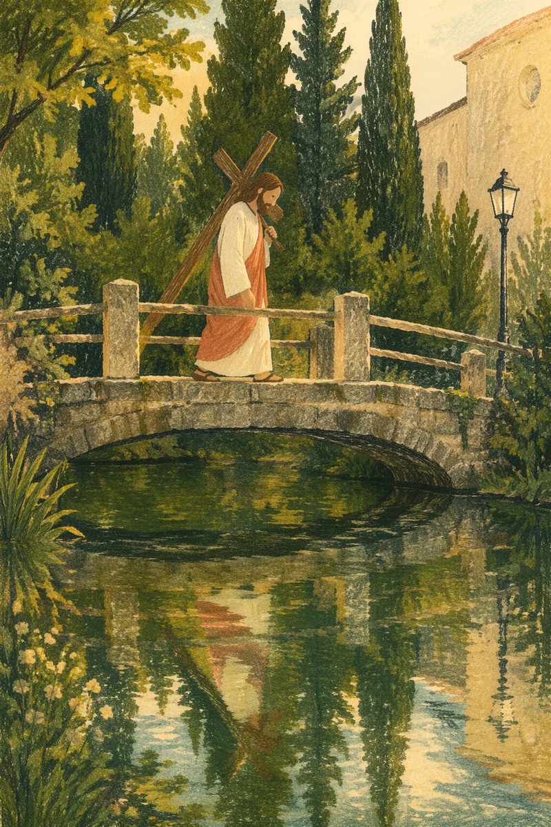 Wooden Cross Reflected in Evergreen Water