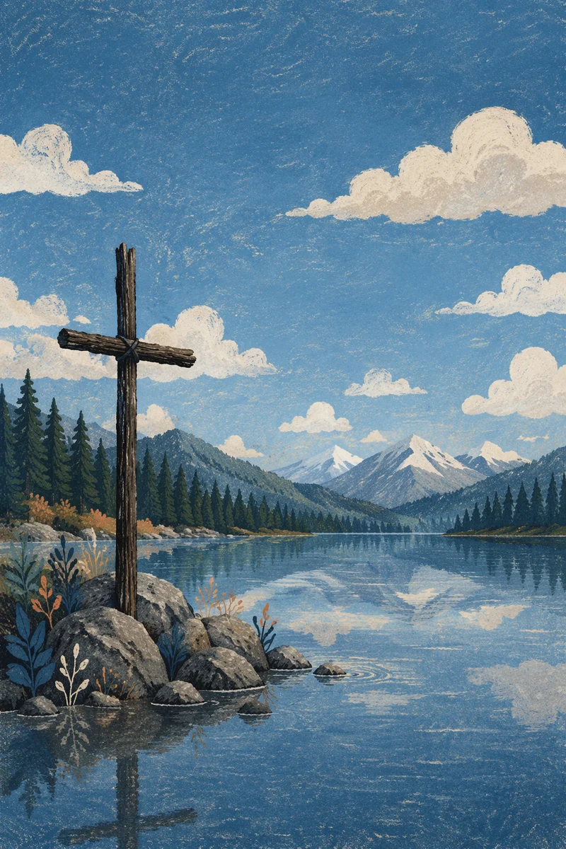 Wooden Cross Reflected by Evergreen Lake