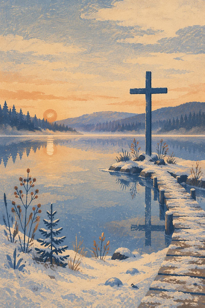 Winter Cross Reflection by Still Lake
