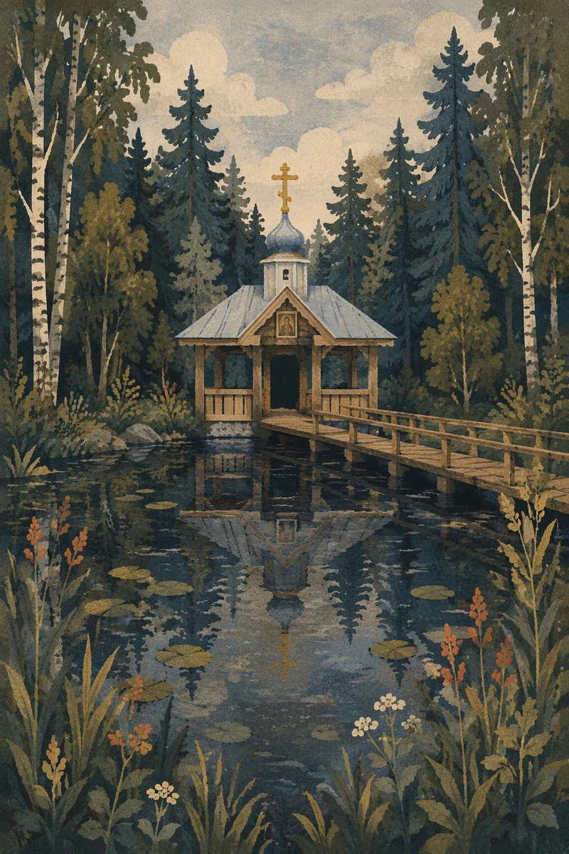Cross Reflected in Evergreen Forest Pond
