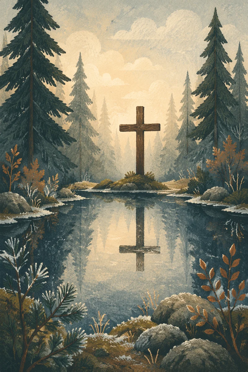 Wooden Cross Reflected in Evergreen Pond