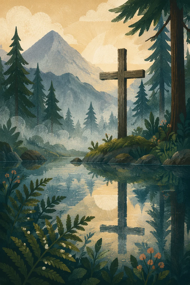 Wooden Cross Reflected in Evergreen Pond