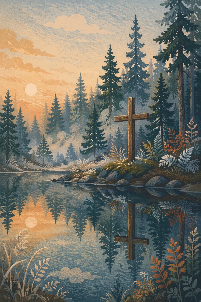 Wooden Cross Reflected in Still Forest Pond