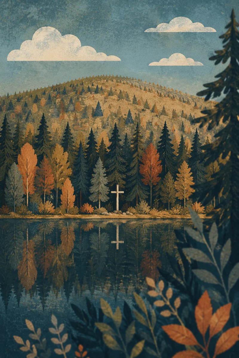 Quiet Lakeside Cross Reflection Among Evergreens