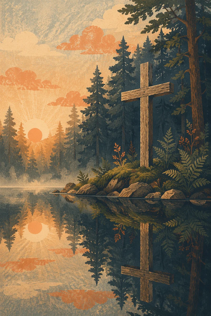 Wooden Cross Reflected in Evergreen Pond