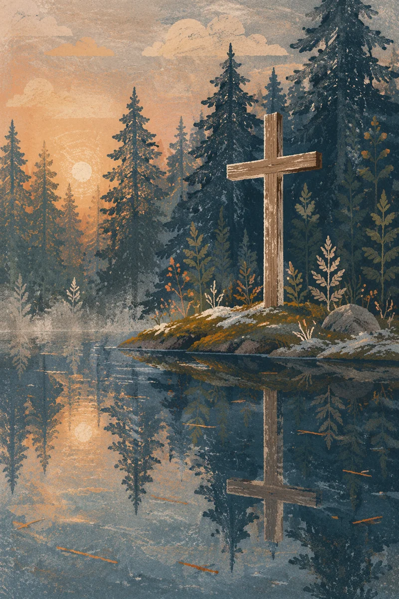 Weathered Cross Reflected in Evergreen Pond