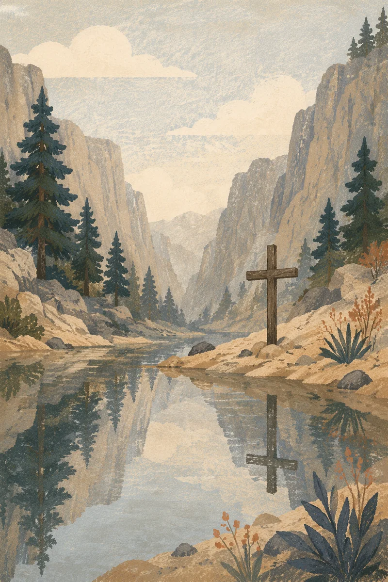 Wooden Cross Reflected in Quiet Canyon Water