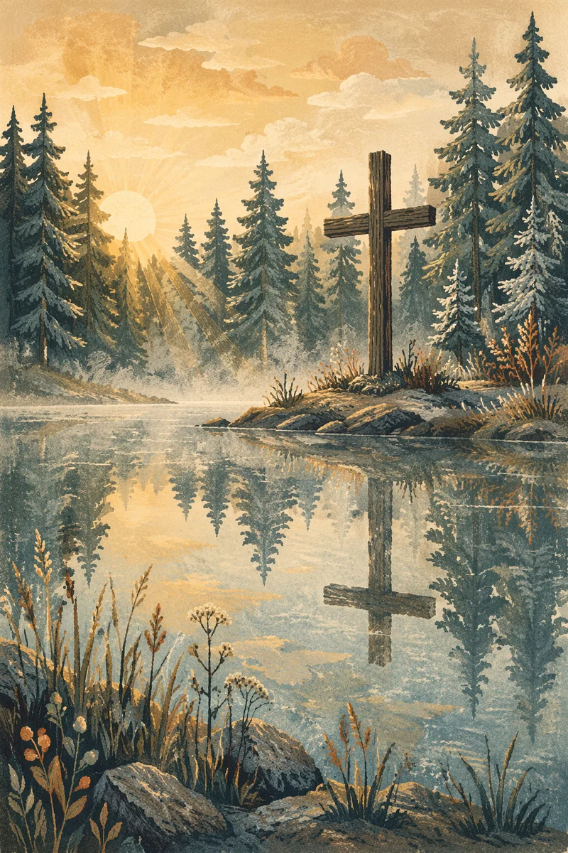 Wooden Cross Reflected in Winter Pond
