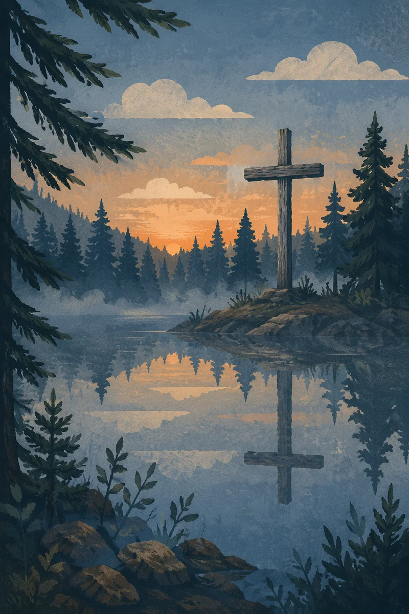 Weathered Cross Reflected in Evergreen Pond
