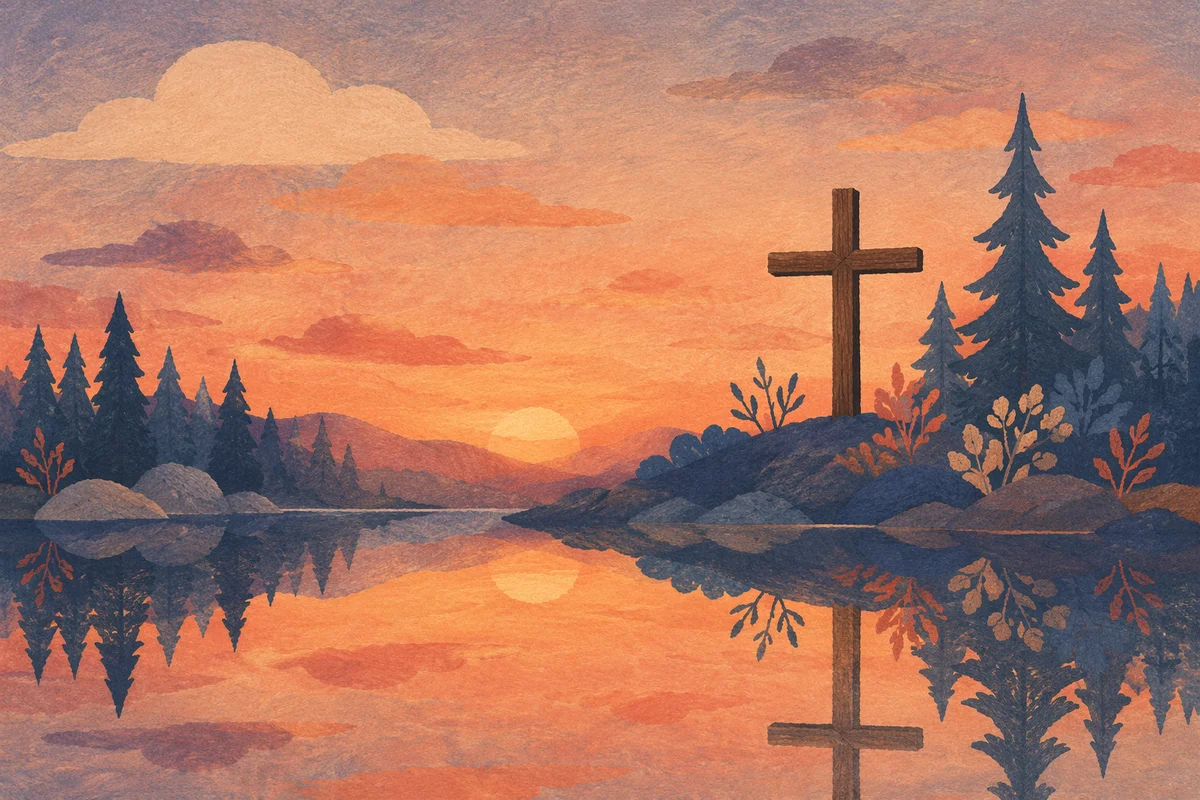 Silent Cross Reflected in Forest Lake