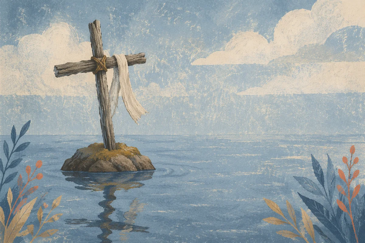 Weathered Cross Reflected in Still Water