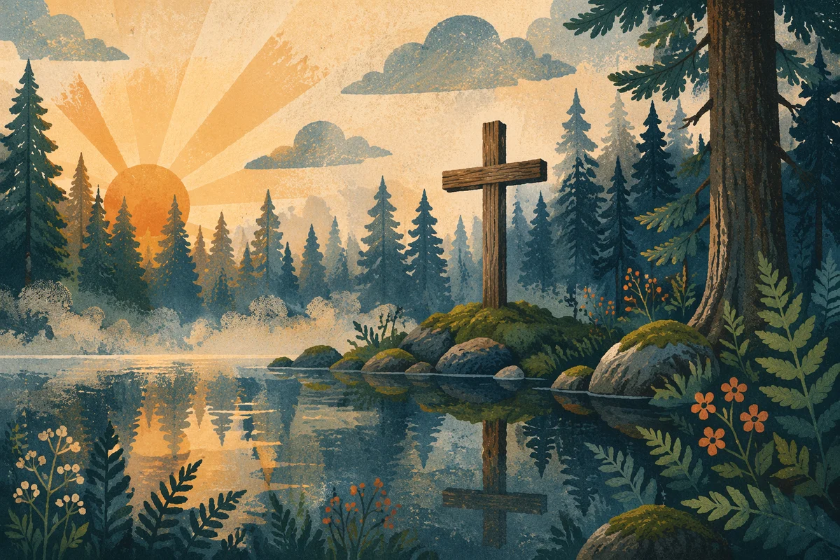 Wooden Cross Reflected in Evergreen Pond