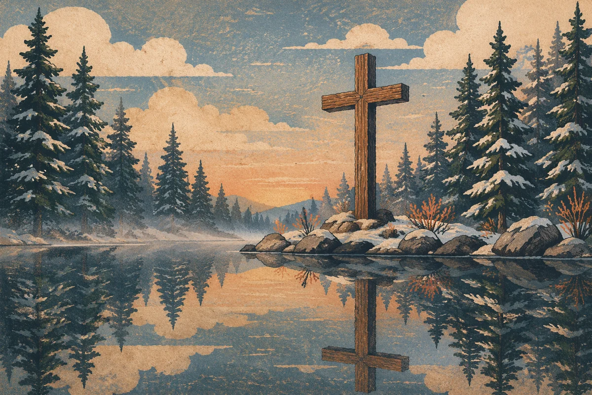 Wooden Cross Reflected in Winter Pond