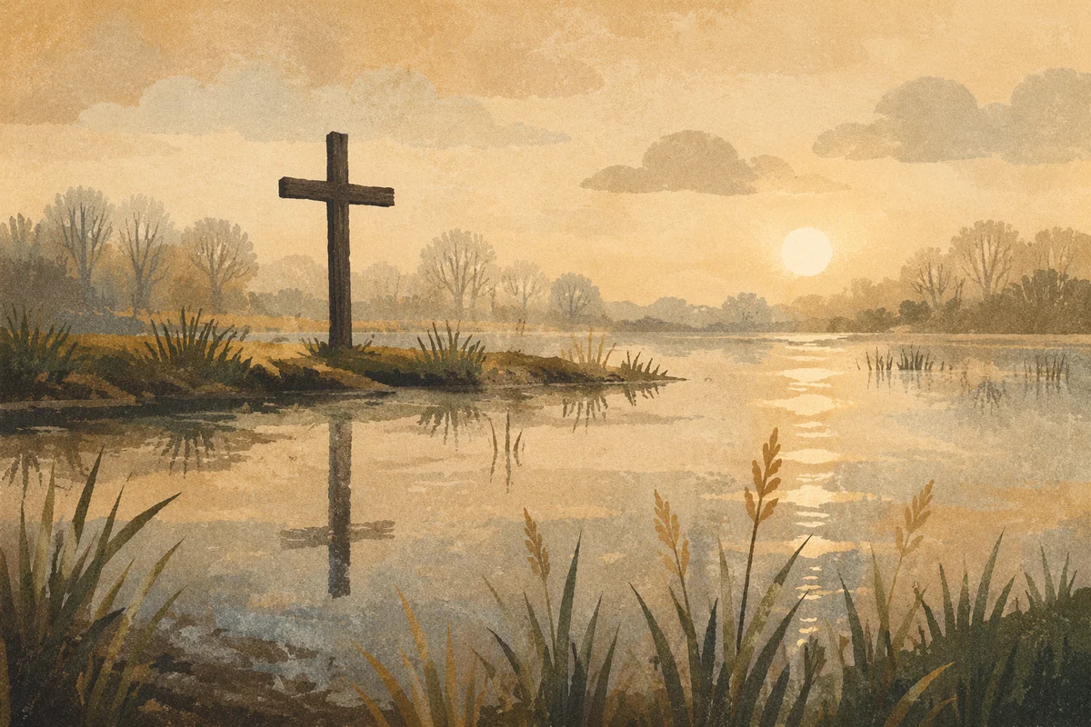 Wooden Cross Reflected in Dawn Wetland