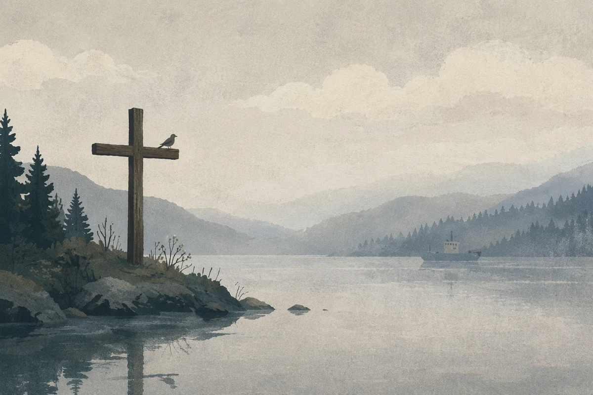 Weathered Cross Reflected in Misty Evergreen Lake