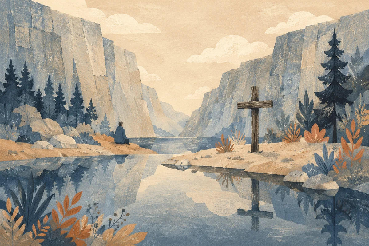 Wooden Cross Reflected in Canyon River
